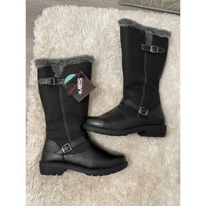 Totes Women's Black Faux Fur Lined Winter Boots Knee High Buckle Detail